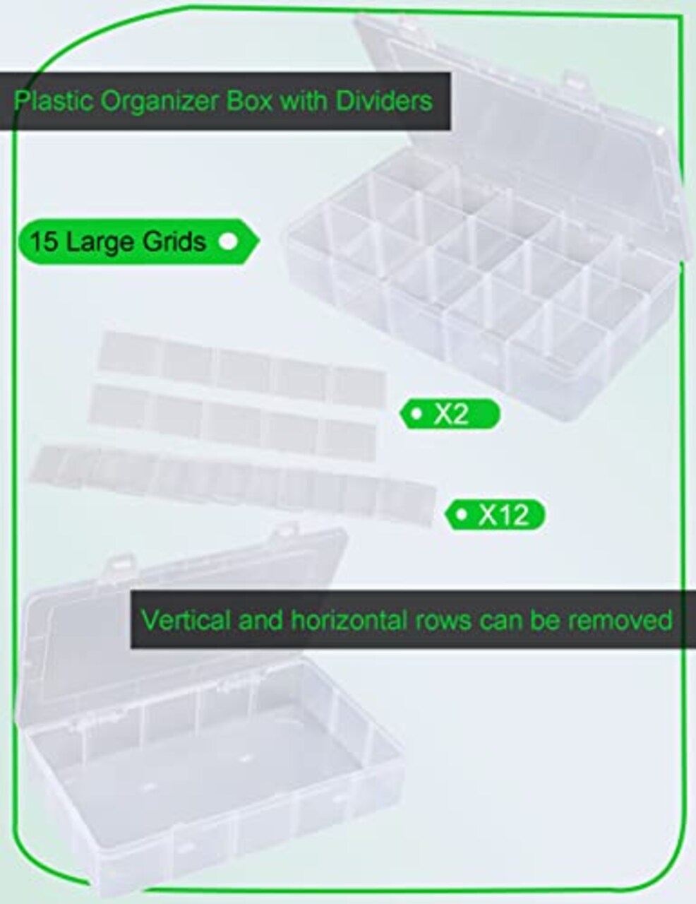 2 Pieces Plastic Organizer Box Craft Box Bead Organizer Tackle Box Organizer 15 Large Grids Clear Craft Storage Box Snackle Box Container Washi Tape Organizer